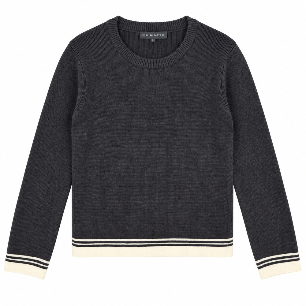 English Factory Contrast Stripe Ribbed Sweater Women S Black Classic Preppy Chic
